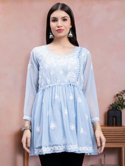 Seva Chikan - Hand Embroidered Blue Georgette Lucknowi Chikankari Kurti with Slip (Set of 2)