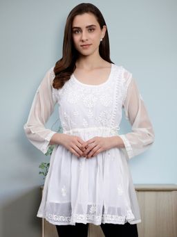 Seva Chikan - Hand Embroidered White Georgette Lucknowi Chikankari Kurti with Slip (Set of 2)