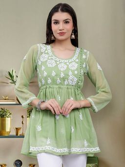Seva Chikan - Hand Embroidered Green Georgette Lucknowi Chikankari Kurti with Slip (Set of 2)