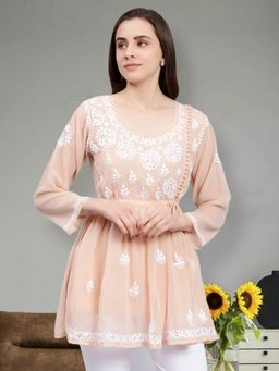 Seva Chikan - Hand Embroidered Dusty Beige Georgette Lucknowi Chikankari Kurti & Slip (Set of 2)