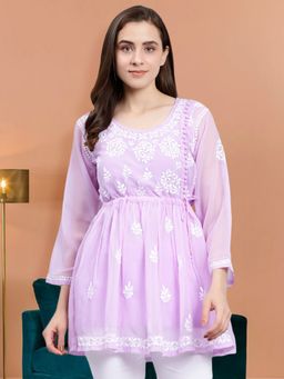 Seva Chikan - Hand Embroidered Lavender Georgette Lucknowi Chikankari Kurti with Slip (Set of 2)
