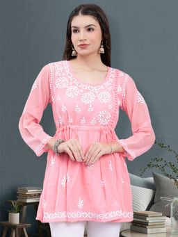 Seva Chikan - Hand Embroidered Peach Georgette Lucknowi Chikankari Kurti with Slip (Set of 2)