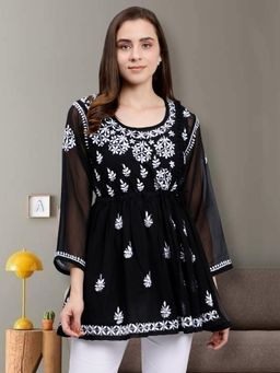 Seva Chikan - Hand Embroidered Black Georgette Lucknowi Chikankari Kurti with Slip (Set of 2)