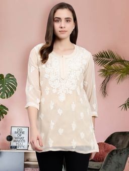 Seva Chikan - Hand Embroidered Beige Georgette Lucknowi Chikankari Kurti with Slip (Set of 2)