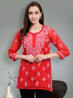 Seva Chikan - Hand Embroidered Red Georgette Lucknowi Chikankari Kurti with Slip (Set of 2)