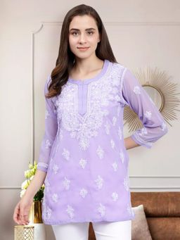Seva Chikan - Hand Embraided Lavender Georgette Lucknowi Chikankari Kurti with Slip (Set of 2)