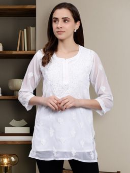 Seva Chikan - Hand Embroidered White Georgette Lucknowi Chikankari Kurti with Slip (Set of 2)