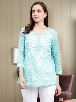 Seva Chikan - Hand Embroidered Sea Green Cotton Blend Lucknowi Chikankari Kurti