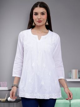 Seva Chikan - Hand Embroidered White Cotton Lucknowi Chikankari Kurti