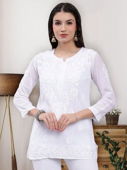Seva Chikan - Hand Embroidered White Crepe Lucknowi Chikankari Kurti with Inner (Set of 2)