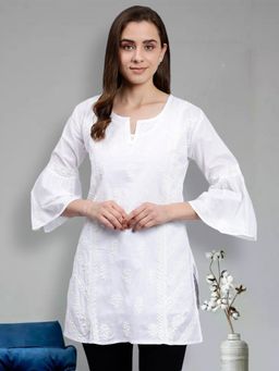 Seva Chikan - Hand Embroidered White Cotton Lucknowi Chikankari Kurti