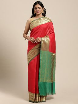 Banarasi Silk Works - Red Valkalam Katan Silk Anchal Saree with Unstitched Blouse