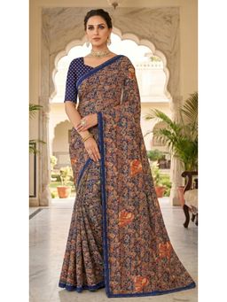 Torsha - Silver Beauty Navy Blue Printed Saree without Blouse