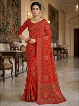 Torsha - Silver Beauty Red Printed Saree without Blouse