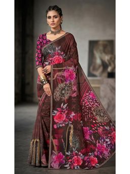 Torsha - Antiquity Pink Floral Brown Saree without Blouse