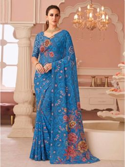Torsha - Xylophone Blue Floral Printed Brasso Saree without Blouse