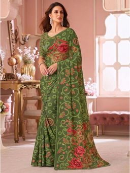 Torsha - Xylophone Green Floral Printed Brasso Saree without Blouse