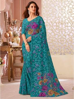 Torsha - Xylophone Firozi Floral Printed Brasso Saree without Blouse