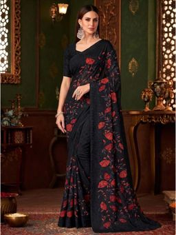 Torsha - Xylophone Black Red Floral Brasso Saree without Blouse