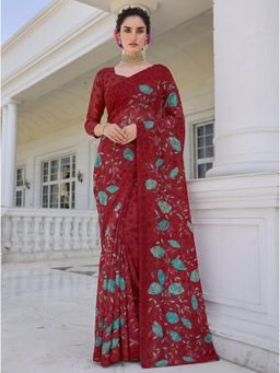 Torsha - Xylophone Maroon Polkadot Blue Floral Printed Brasso Saree without Blouse