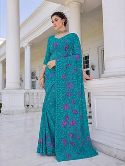 Torsha - Xylophone Firozy Polkadot Wine Floral Printed Brasso Saree without Blouse