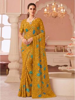 Torsha - Xylophone Yellow Polkadot Blue Floral Printed Brasso Saree without Blouse