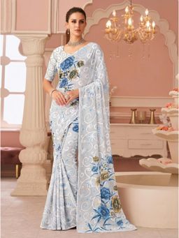 Torsha - Xylophone Off White & Blue Floral Printed Brasso Saree without Blouse