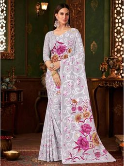 Torsha - Xylophone Off White & Pink Floral Printed Brasso Saree without Blouse