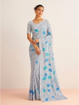 Torsha - Xylophone Off White & Blue Floral Valley Printed Brasso Saree without Blouse