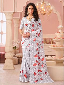 Torsha - Xylophone Off White & Red Floral Valley Printed Brasso Saree without Blouse