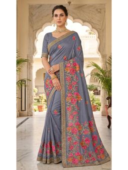 Torsha - White House Grey Floral Printed Saree without Blouse