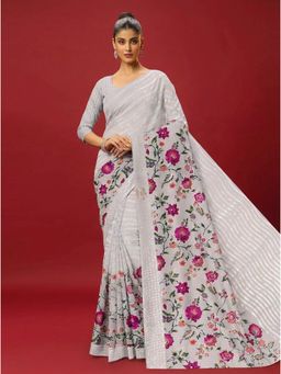 Torsha - Floral Print Pink Antiliya White Brasso Saree without Blouse