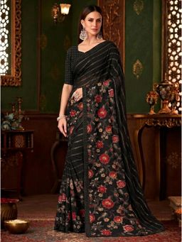 Torsha - Floral Print Antiliya Black Brasso Saree without Blouse