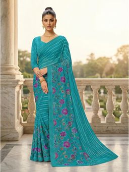 Torsha - Floral Print Antiliya Blue Brasso Saree without Blouse