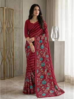 Torsha - Floral Print Antiliya Maroon Brasso Saree without Blouse