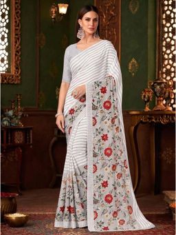 Torsha - Floral Print Red Antiliya White Brasso Saree without Blouse