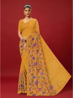 Torsha - Floral Print Antiliya Yellow Brasso Saree without Blouse