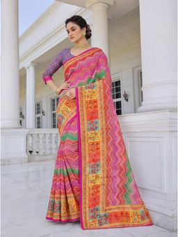 Torsha - Mirror Work Jalpari Orange Satin Printed Saree without Blouse