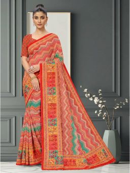 Torsha - Mirror Work Jalpari Red Satin Printed Saree without Blouse