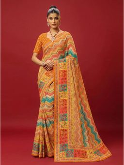 Torsha - Mirror Work Jalpari Yellow Satin Printed Saree without Blouse