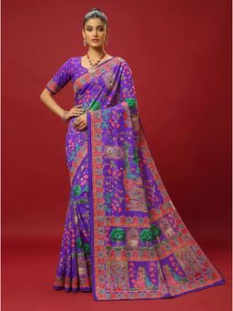 Torsha - Jalpari Kalamkari Digital Print Purple Satin Saree without Blouse