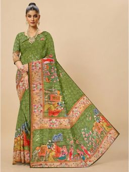 Torsha - Mirror Work Jalpari Meenakari Digital Print Green Satin Saree without Blouse