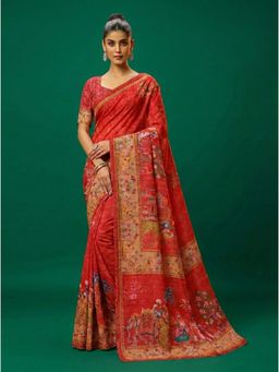 Torsha - Mirror Work Jalpari Meenakari Digital Print Red Satin Saree without Blouse