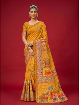 Torsha - Mirror Work Jalpari Meenakari Digital Print Yellow Satin Saree without Blouse