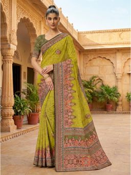 Torsha - Mirror Work Stone Border Jalpari Digital Print Green Satin Saree without Blouse
