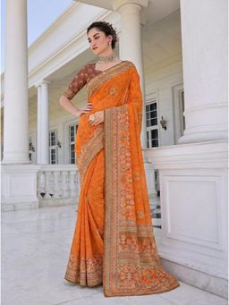 Torsha - Mirror Work Stone Border Jalpari Digital Print Orange Satin Saree without Blouse