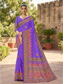 Torsha - Mirror Work Stone Border Jalpari Digital Print Purple Satin Saree without Blouse
