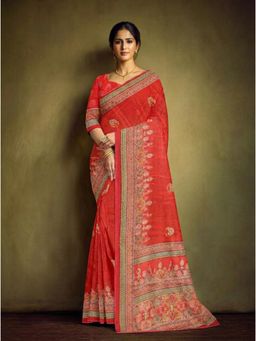 Torsha - Mirror Work Stone Border Jalpari Digital Print Red Satin Saree without Blouse