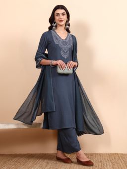 PINKSKY - Grey Embroidered Viscose Kurta with Pant & Dupatta