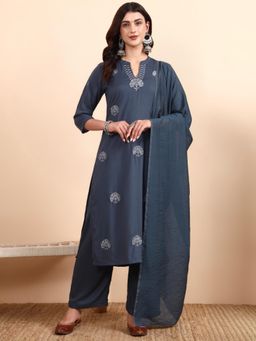 PINKSKY - Grey Embroidered Viscose Kurta with Pant & Dupatta